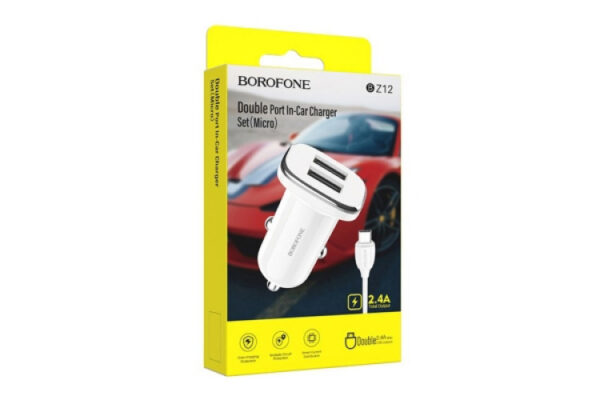 borofone bz12 lasting double cigarette lighter (car) charger 2.4a + micro usb cable white