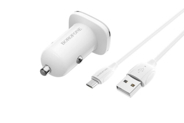 borofone bz12 lasting double cigarette lighter (car) charger 2.4a + micro usb cable white