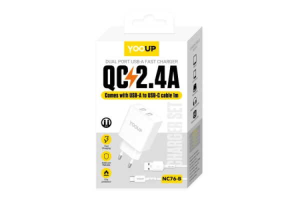 yooup nc76 b + nb36 p9 1m dual power charger 12w with usb type c cable white