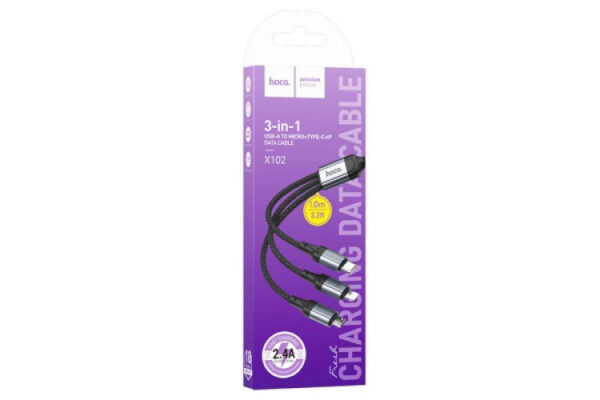 hoco x102 3in1 lightning type c micro usb cable 1 meter 2.4a black