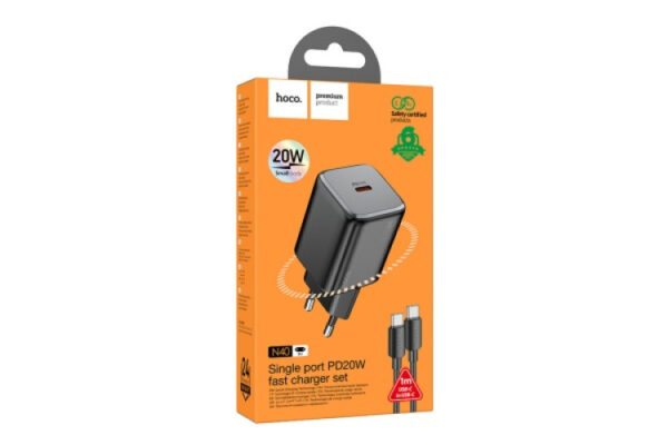 hoco n40 network fast charger (usb type c) (pd) 20w + qc3.0 + type c / type c cable black