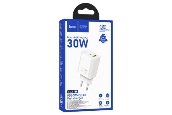 hoco n63 gentle powered fast charger (usb type c) (pd) 30w + qc3.0 white
